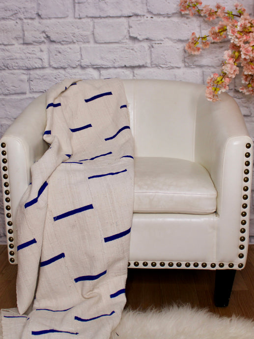  White w/ Blue Dashes Mud Cloth Throw Blanket by Only Mels Designs sold by Only Mels Designs